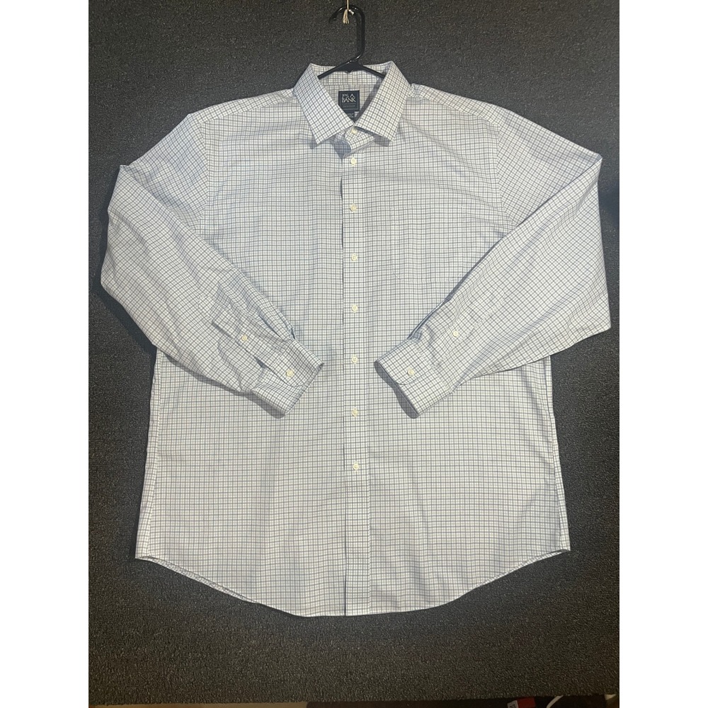 Jos A Bank Traveler Shirt Mens 18.5 37 Tailored Fit Blue White Micro Check